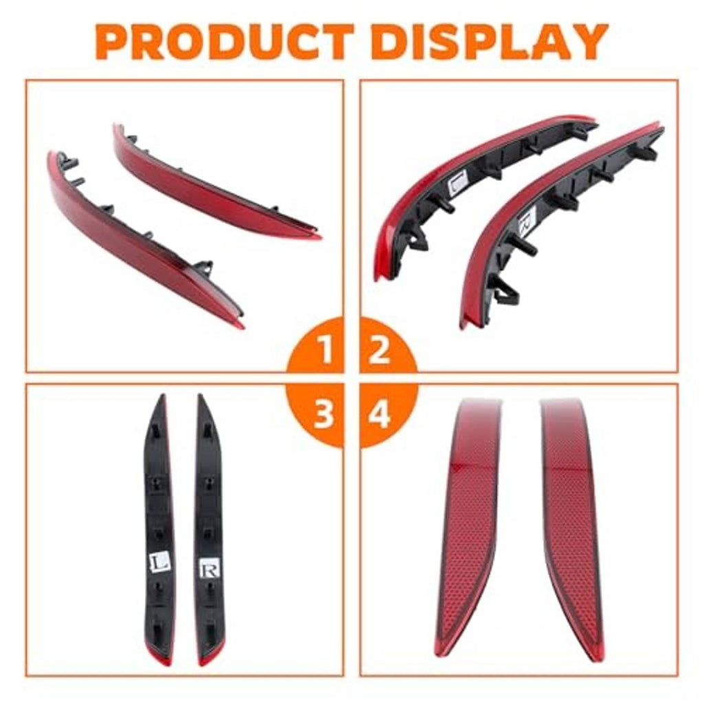 Rear bumper reflector stop lamp set: two red lenses and two black clip parts