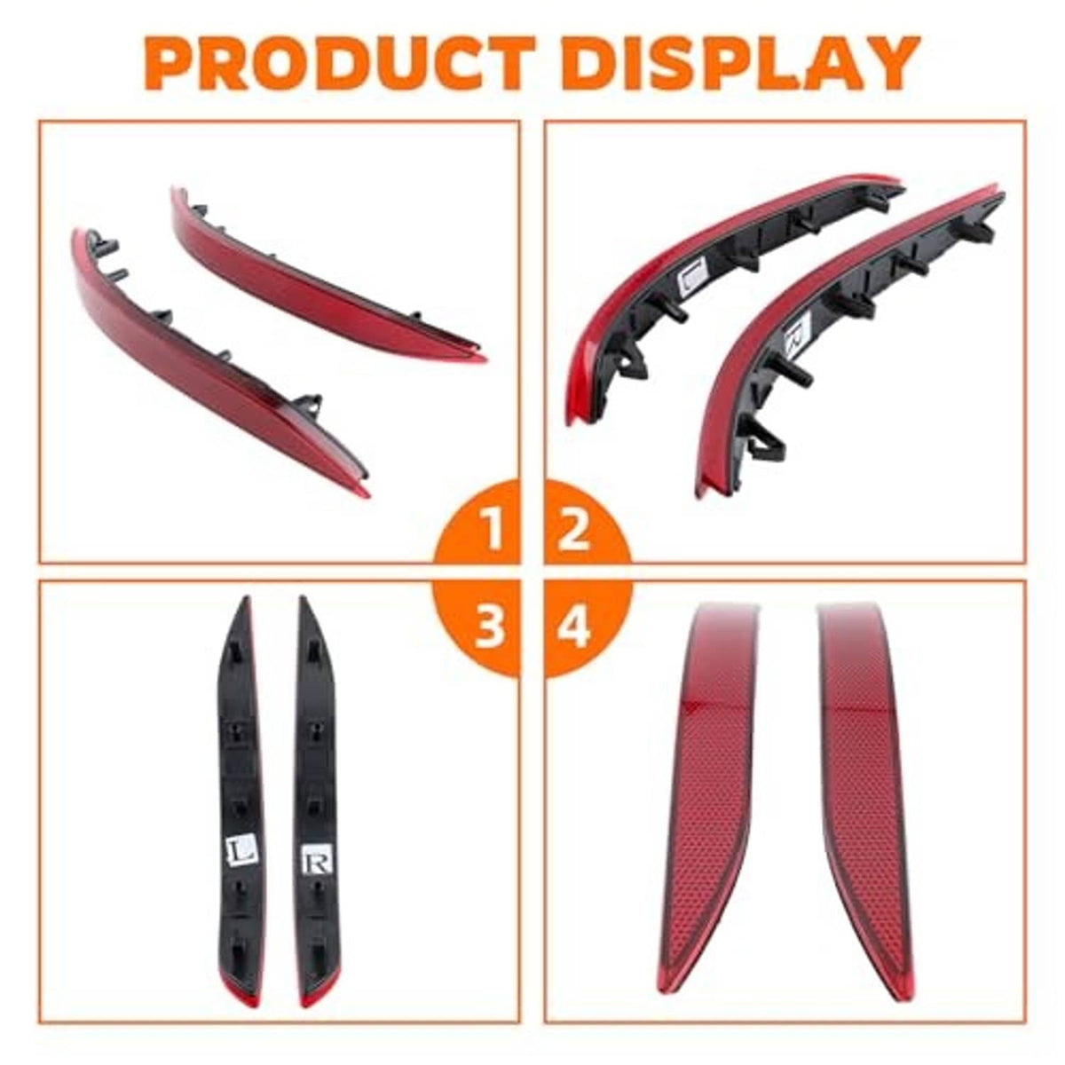 Rear bumper reflector stop lamp set: two red lenses and two black clip parts