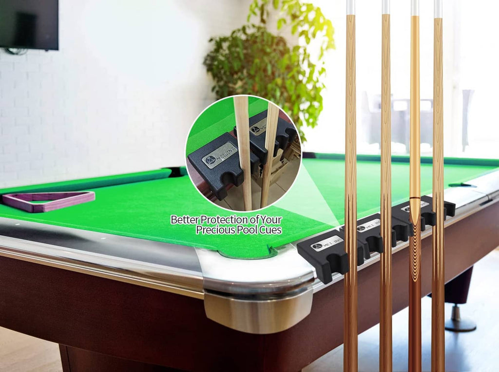 Black 4-cue pool stick holder on billiard table edge protecting cue ends