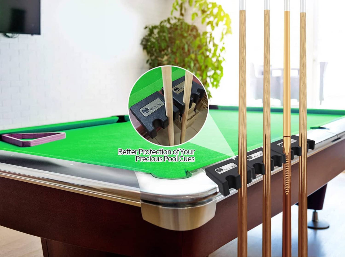 Black 4-cue pool stick holder on billiard table edge protecting cue ends