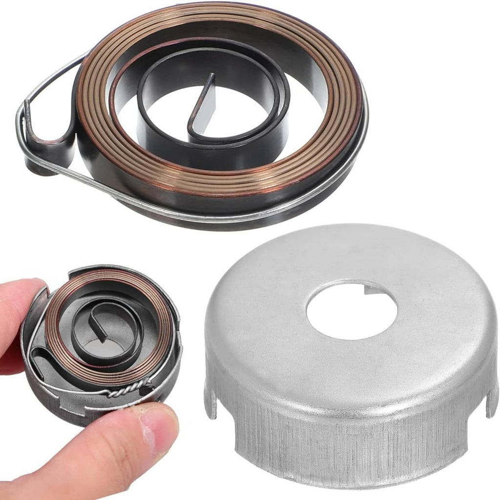 Drill press return spring coil with metal cover, shown with hand