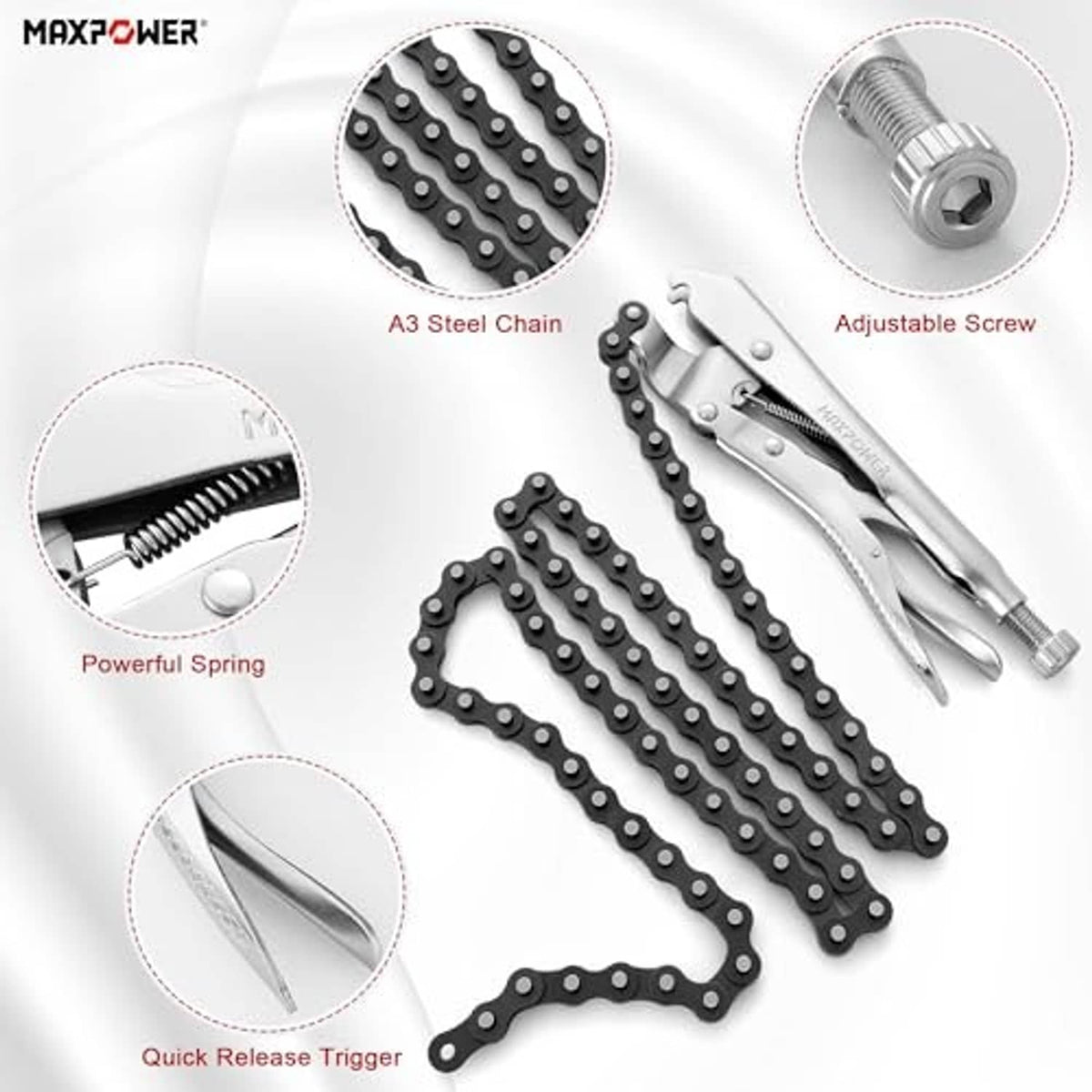 Locking chain clamp pliers with A3 steel chain, adjustable screw and quick release trigger