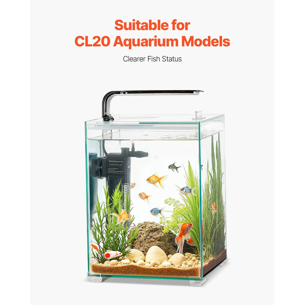 Clear glass aquarium tank with fish and black external filter