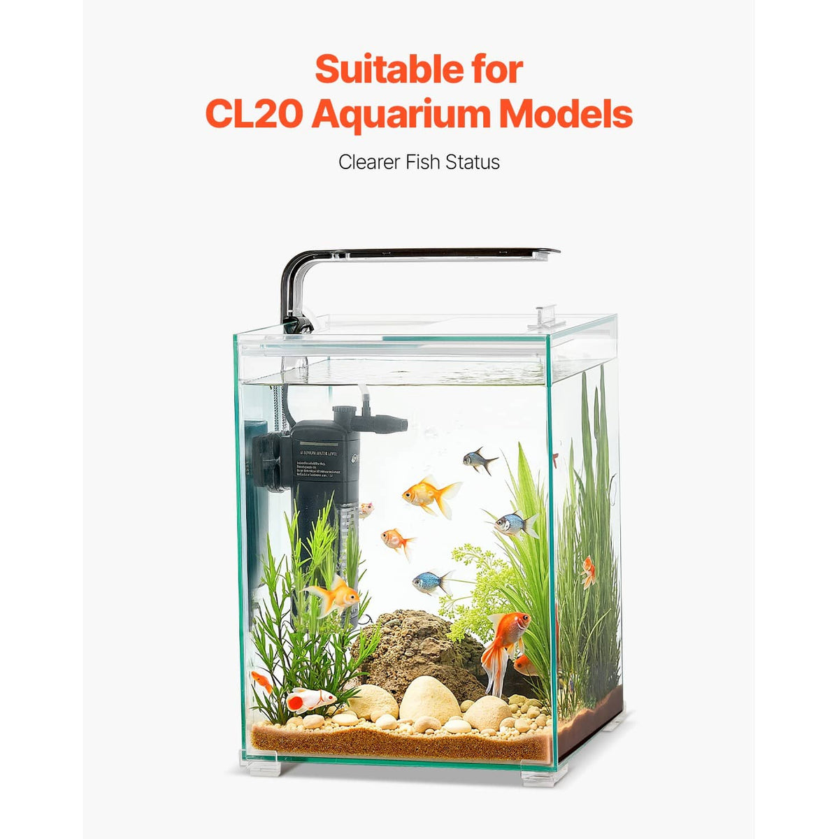 Clear glass aquarium tank with fish and black external filter
