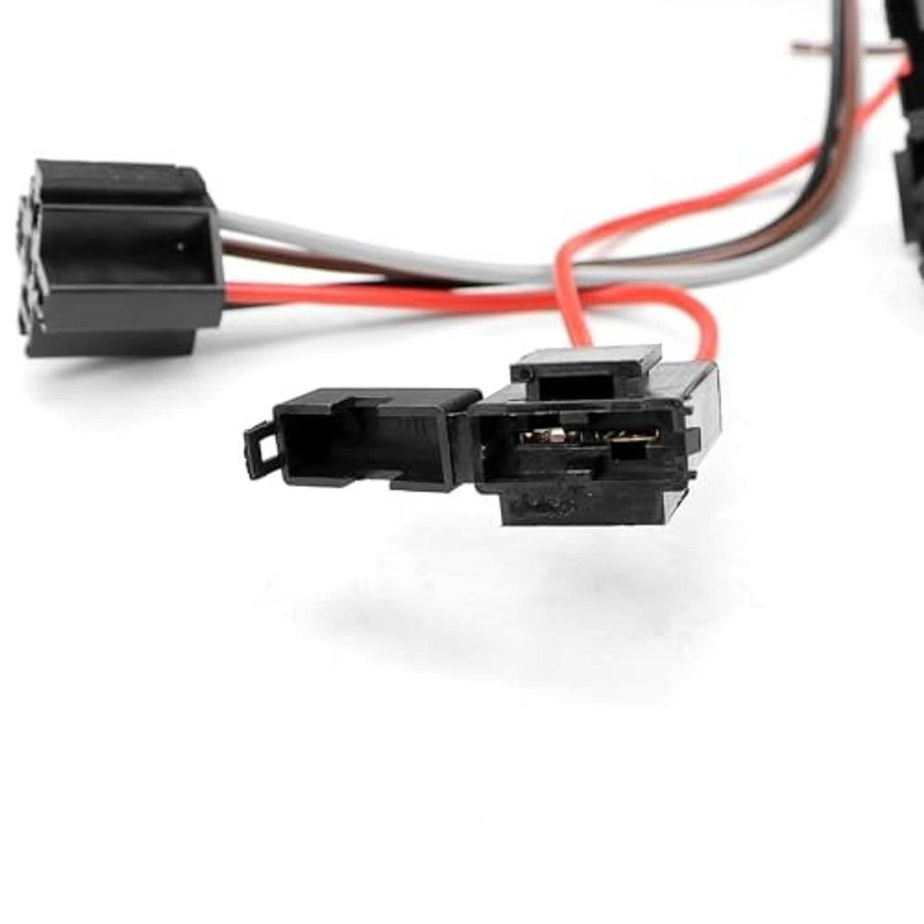 Dual fan relay connector pair with black plastic housings and metal wiring tabs