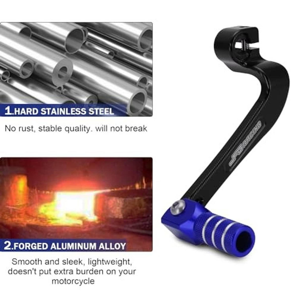 Motorcycle folding gear shifter lever with blue knurled grip tip and black textured arm