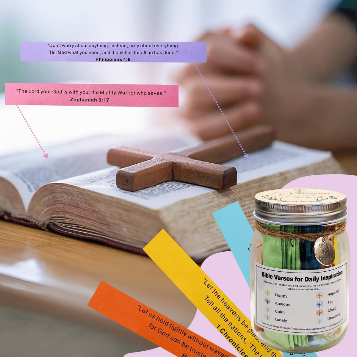 Bible verse jar with metal lid and label beside wooden cross and open Bible