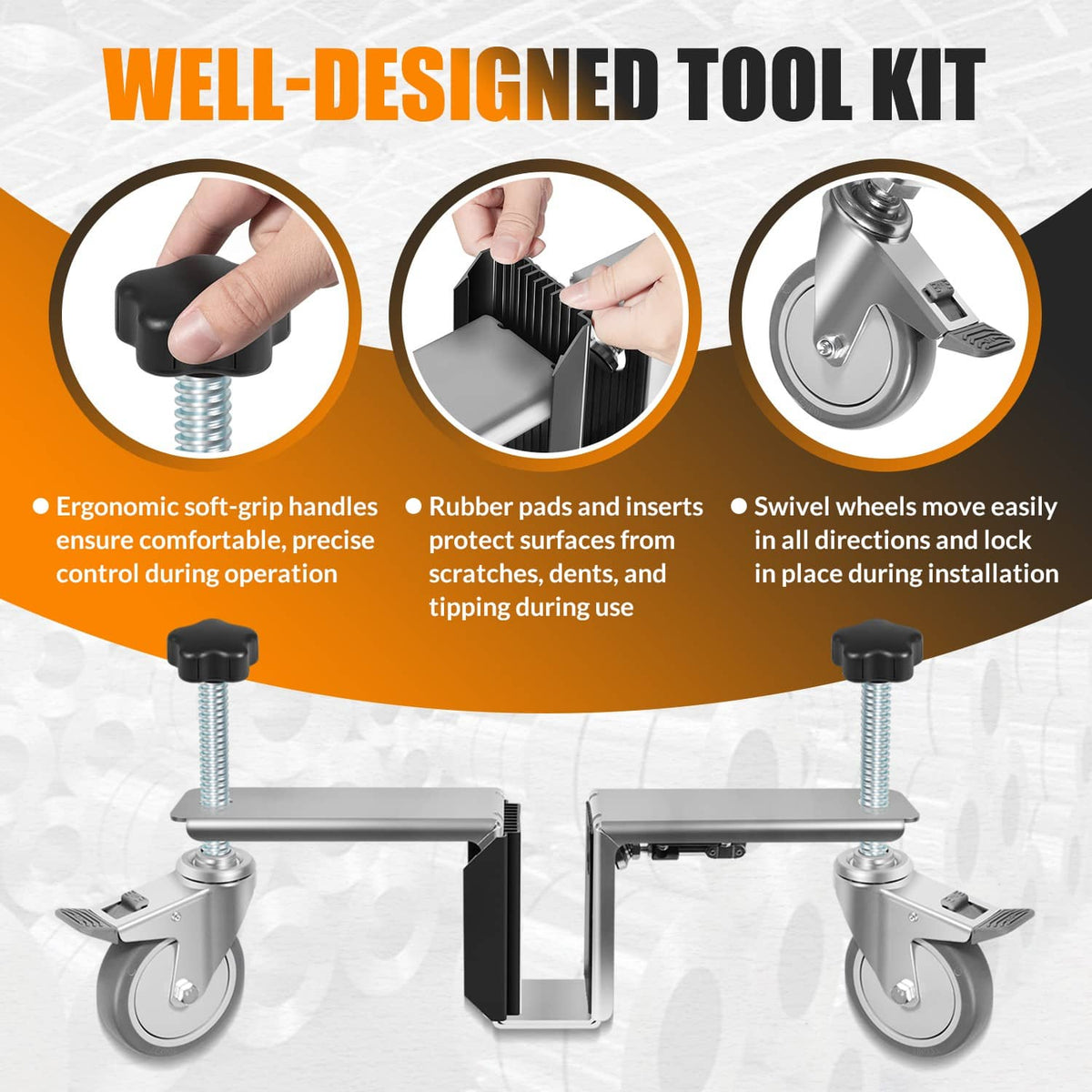 Heavy door installation tool kit with ergonomic black grips and rubber contact pads