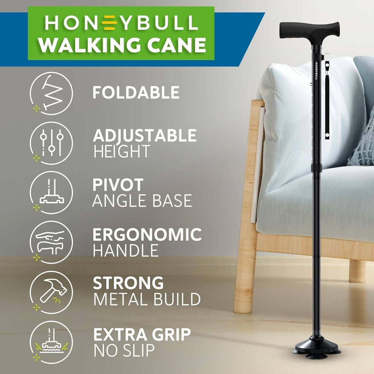 Foldable adjustable height walking cane with ergonomic grip and quad pivot base