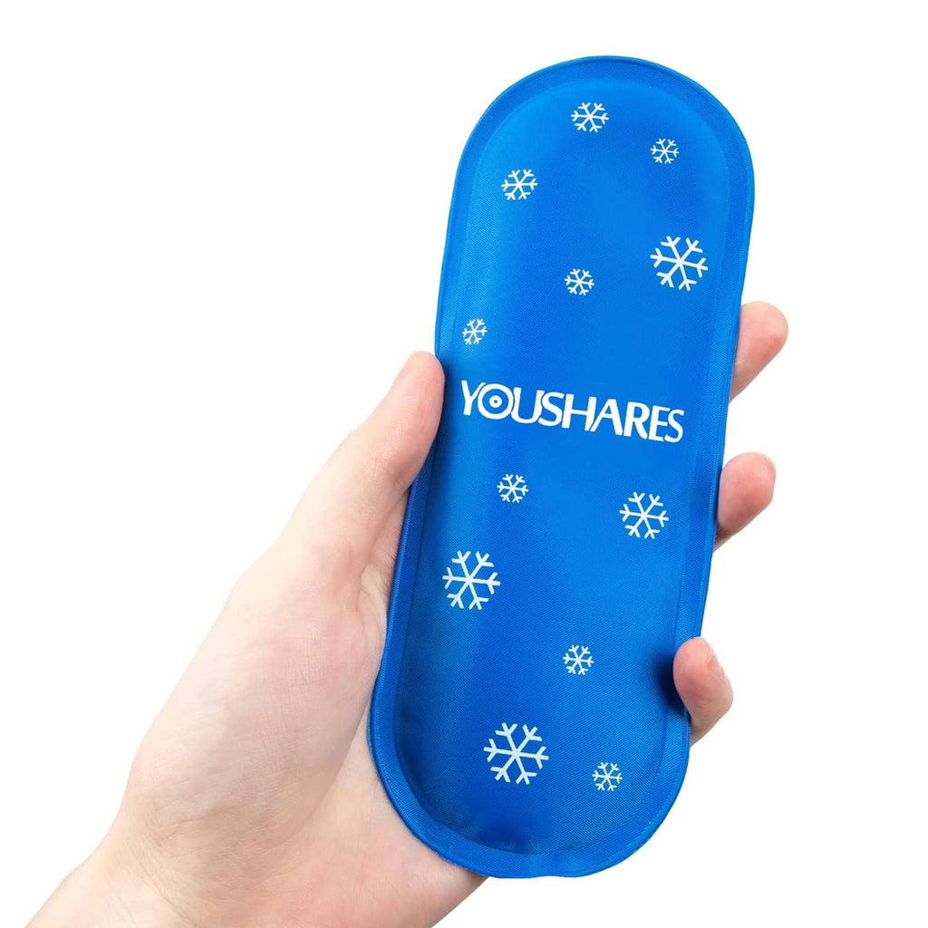 Handheld blue oval gel ice pack with snowflake pattern and YOUSHARES logo