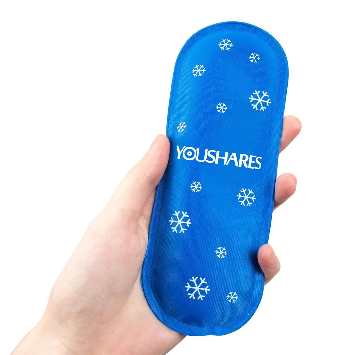 Handheld blue oval gel ice pack with snowflake pattern and YOUSHARES logo