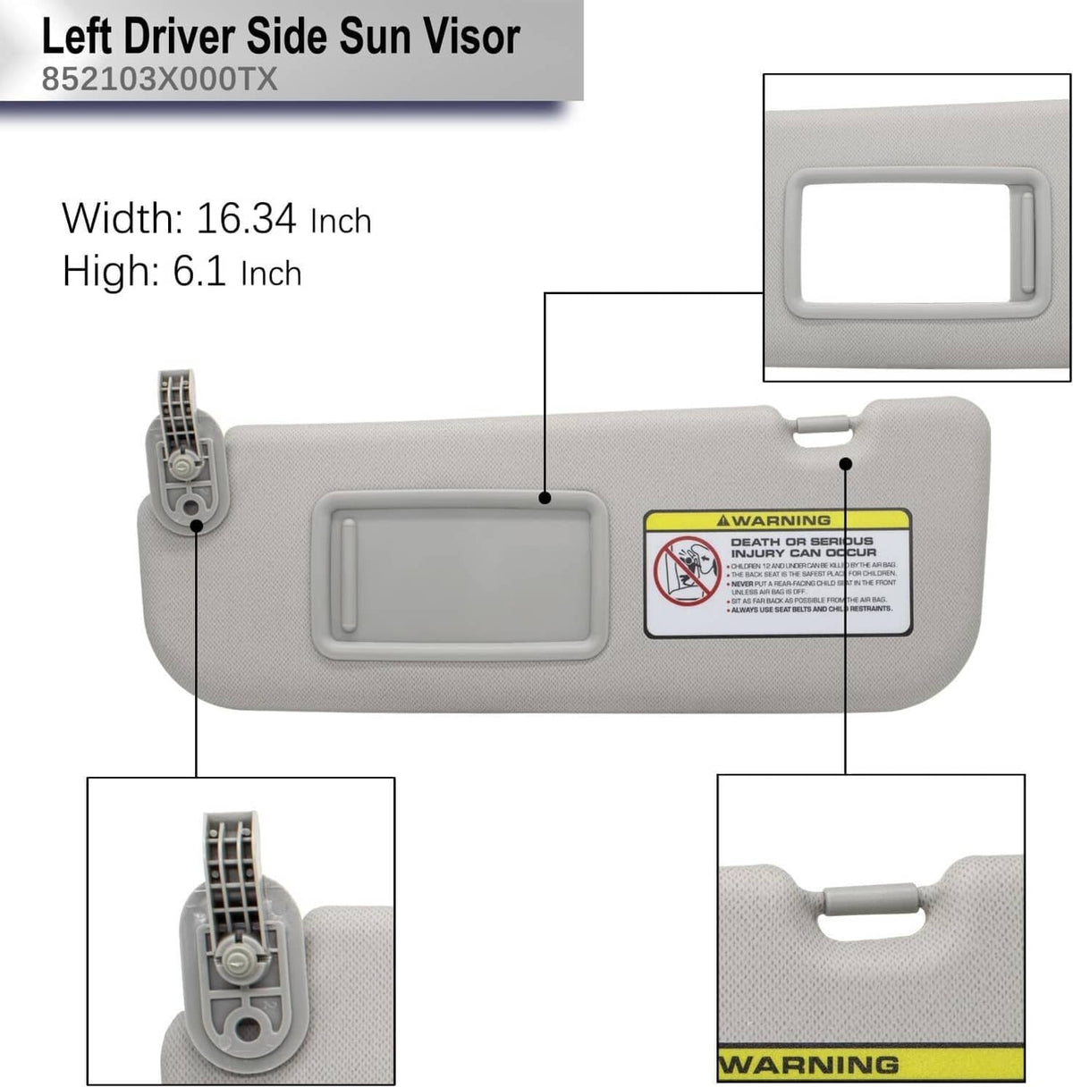 Grey left driver-side sun visor with vanity mirror and mounting tab
