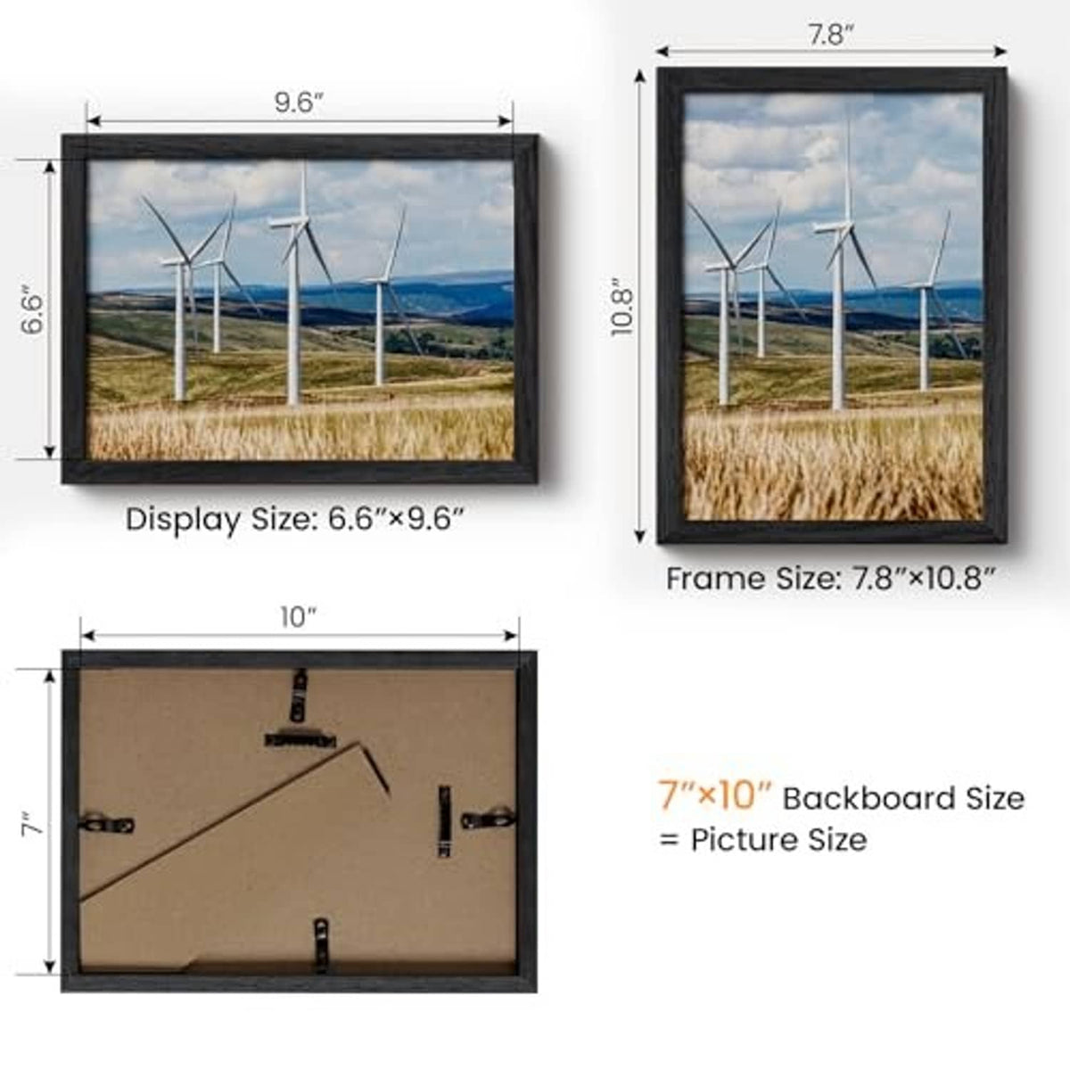 Black solid oak wood 7x10 picture frame with displayed size and frame dimensions