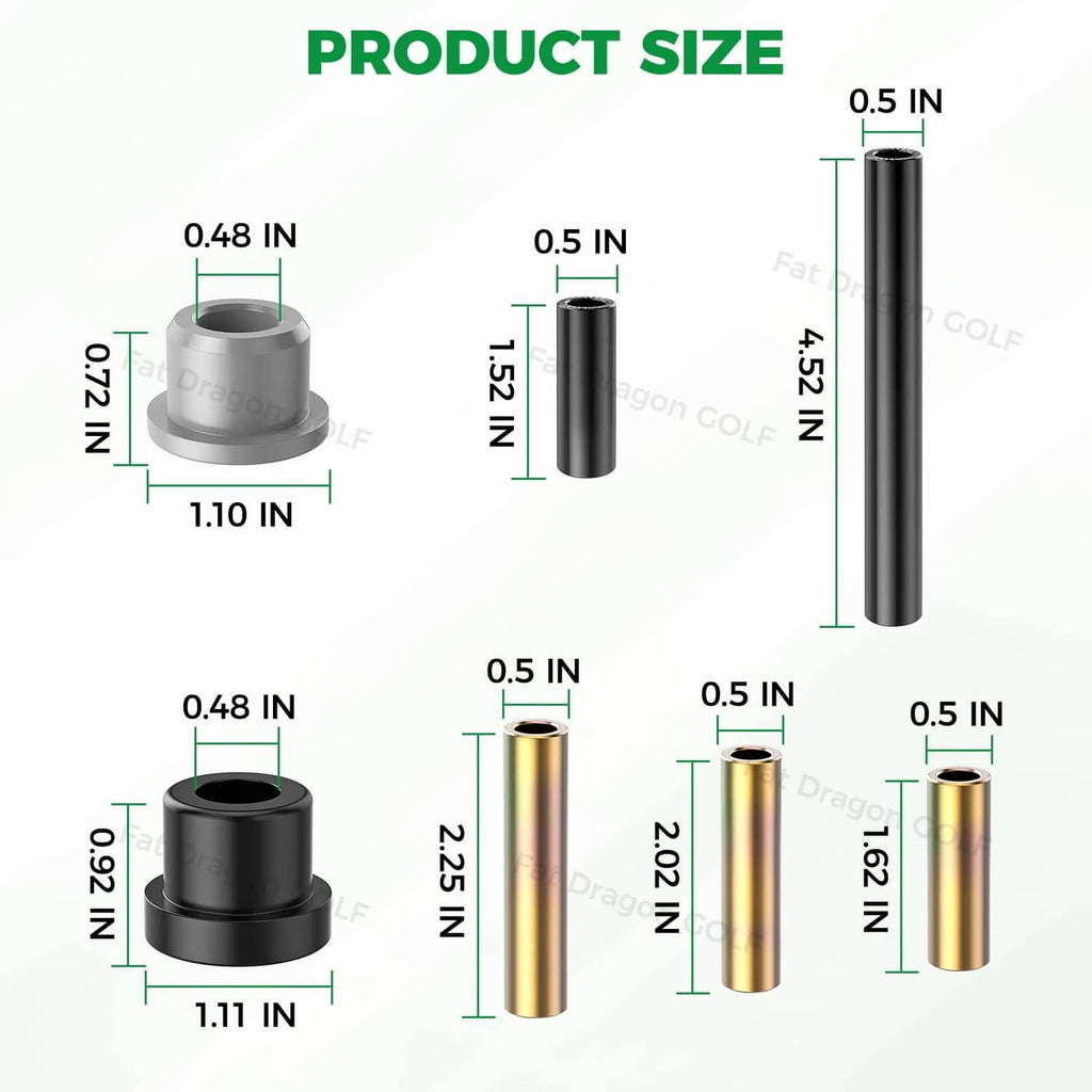 Bushing kit size chart with measurements for gray, black, and gold components