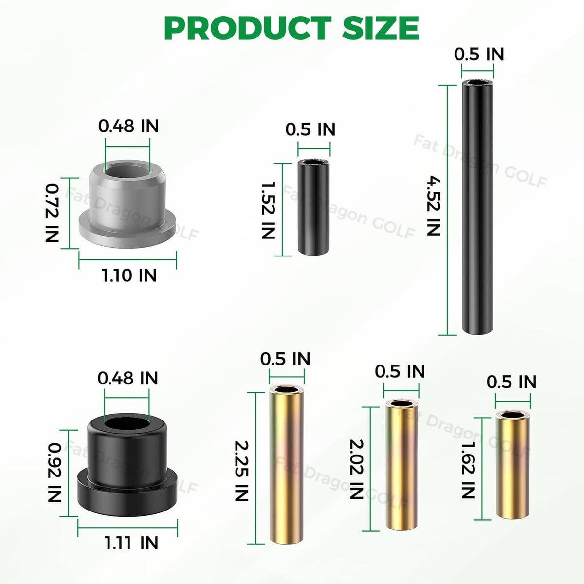 Bushing kit size chart with measurements for gray, black, and gold components