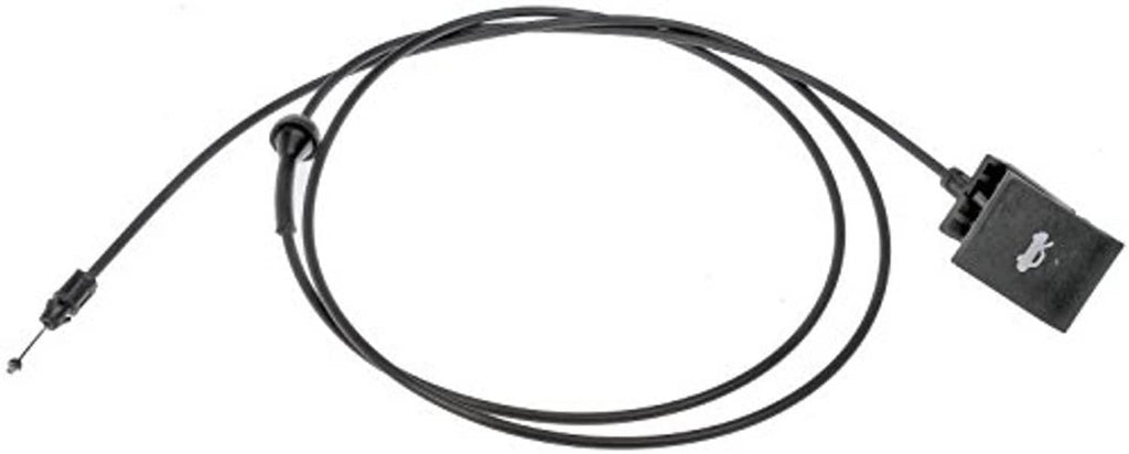 Hood release cable with black protective sheath and molded connector with latch icon