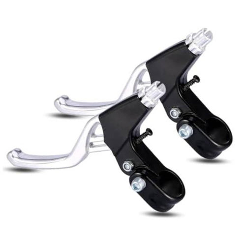 Pair bicycle brake levers with silver aluminum arms and black rubber handles, 2-piece set