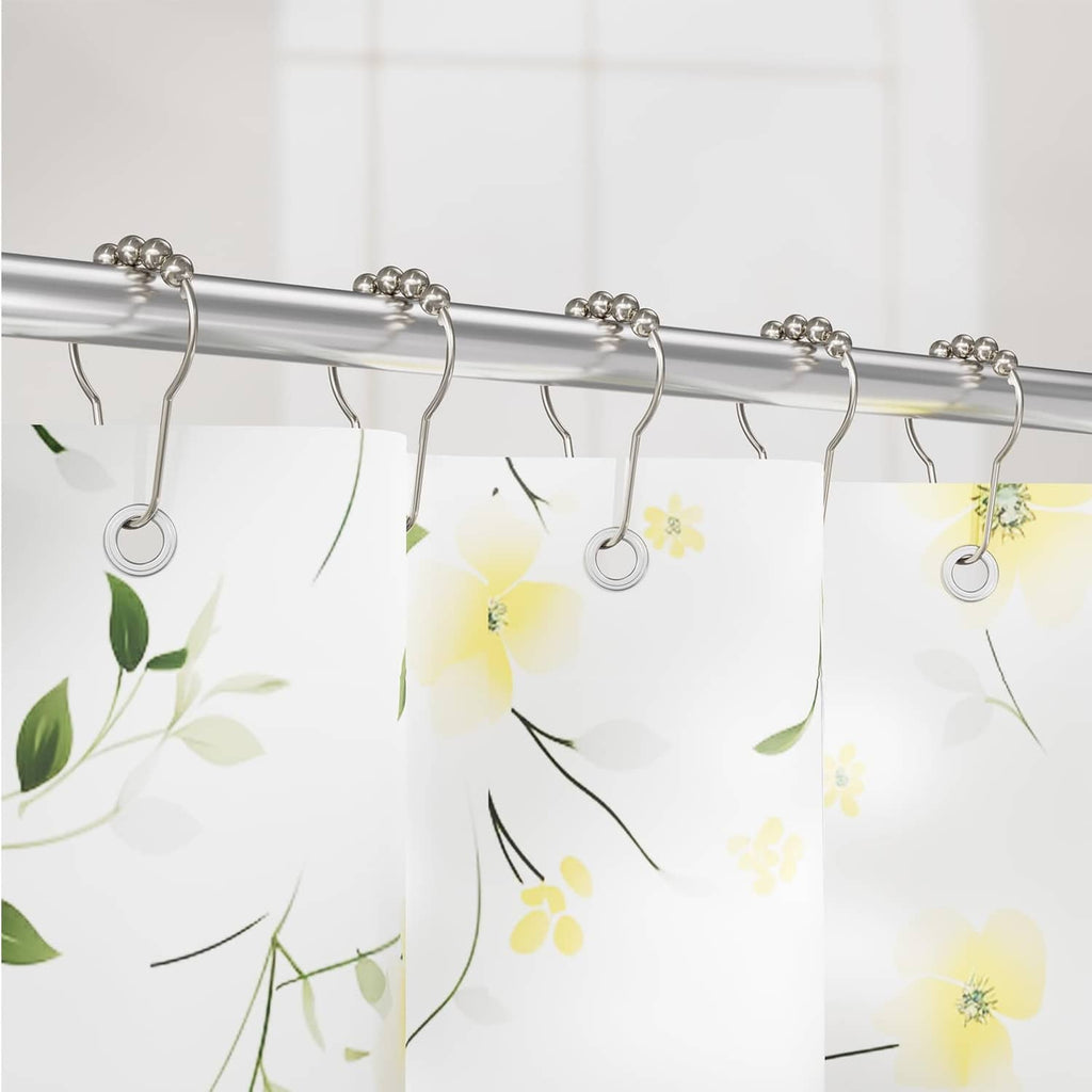 Polished nickel shower curtain hooks with round bead tops on a chrome rod