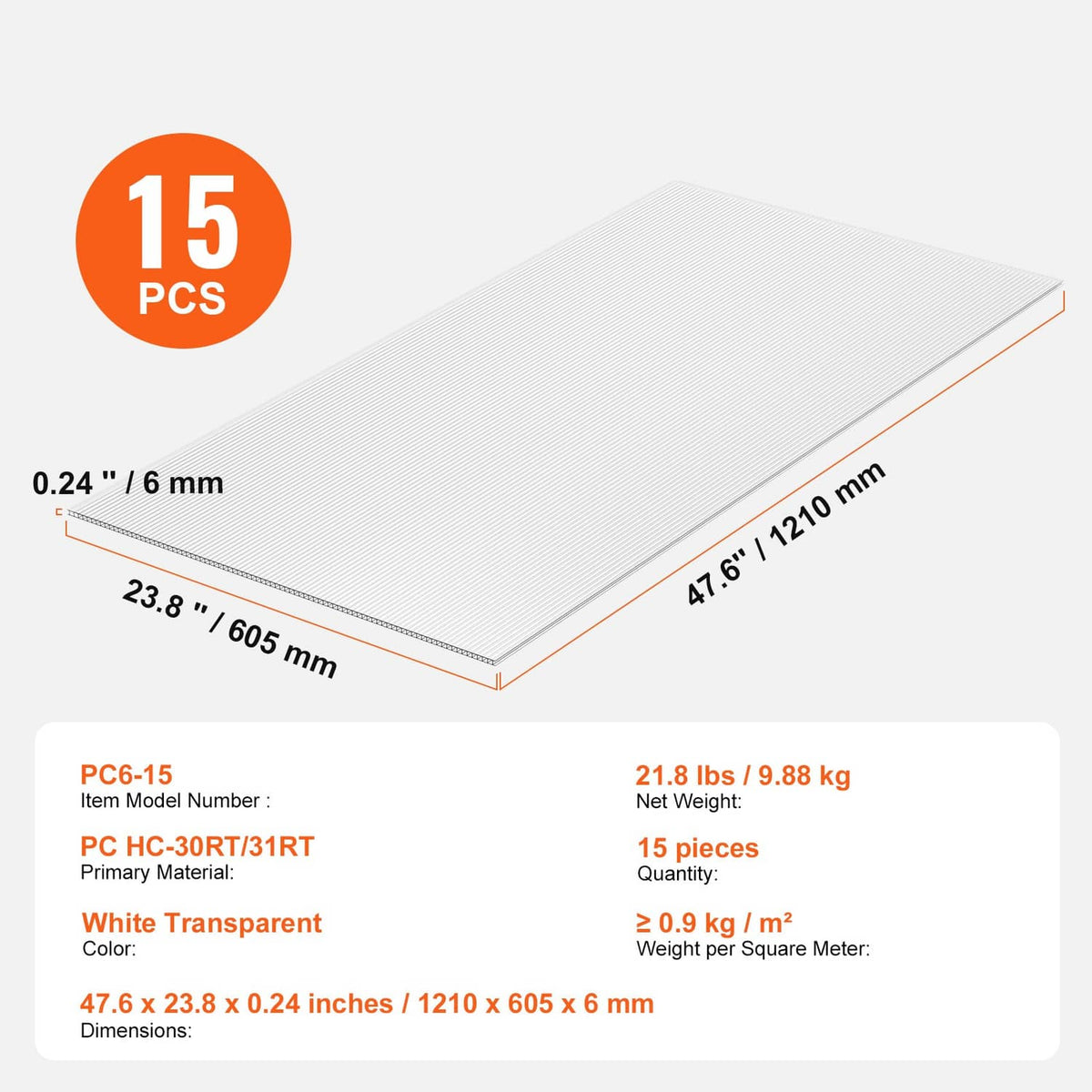 15 polycarbonate greenhouse panel sheets, textured clear surface, 6 mm thick