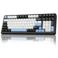 AULA F99 wireless mechanical keyboard with white keycaps, light blue accents, black frame