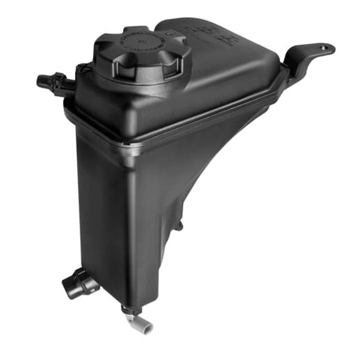 Black coolant reservoir tank with cap and side fittings, sensor included