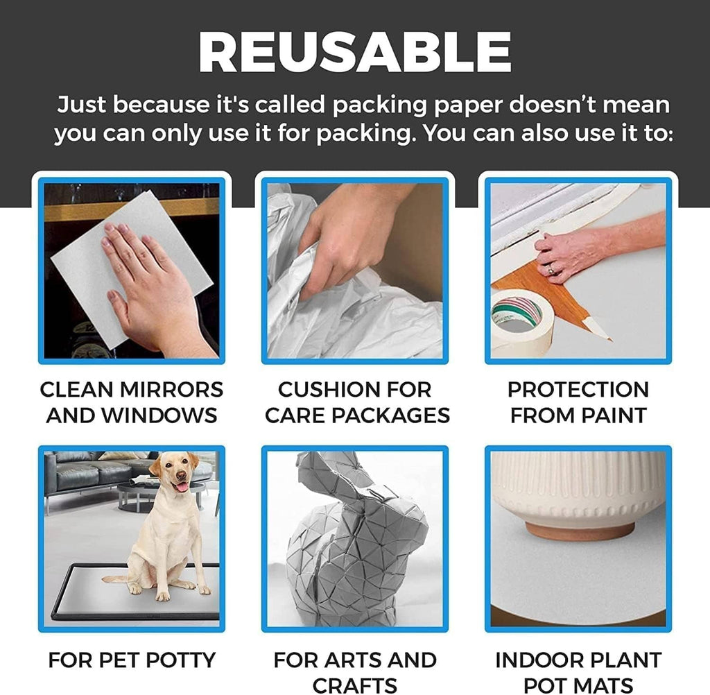 Packing paper sheet for reusable uses, including cushioning and paint protection