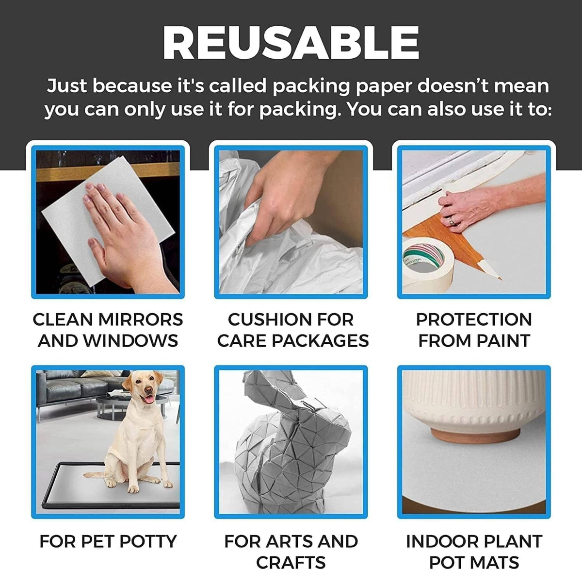 Packing paper sheet for reusable uses, including cushioning and paint protection