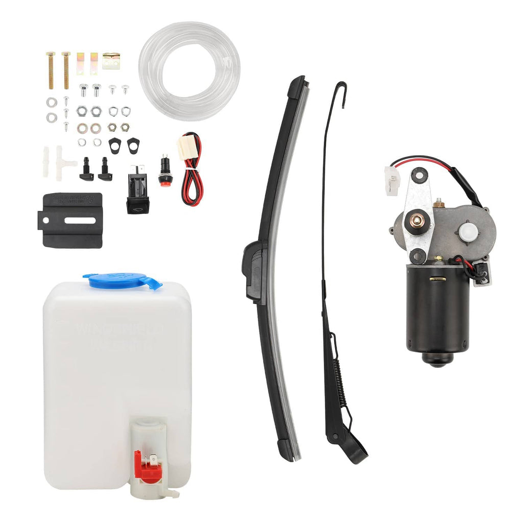 12V electric windshield wiper motor kit parts set with wiper blades, tubing, and motor