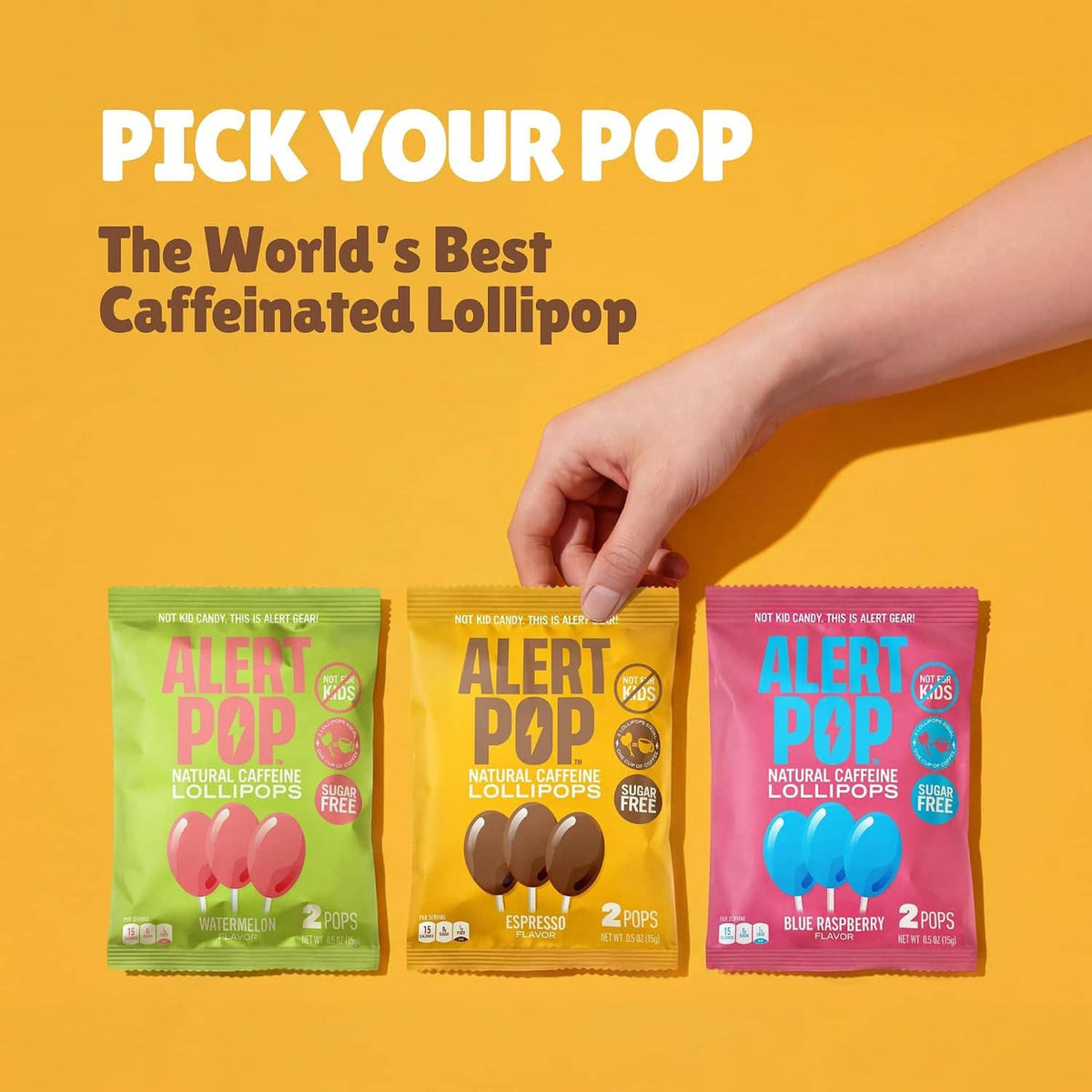 Assorted Alert Pop lollipop pouches in green, brown, and pink colors