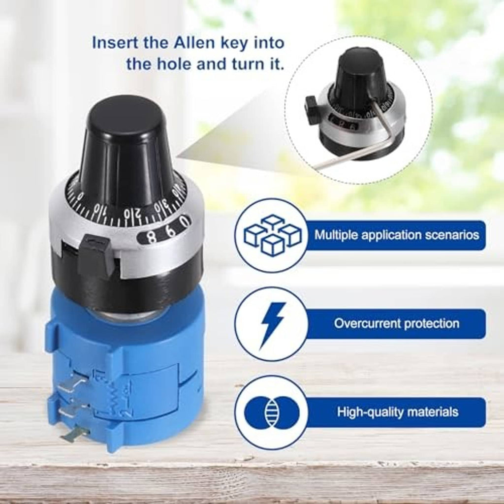 Rotary multi-turn potentiometer with black knob; Allen key shown for adjustment