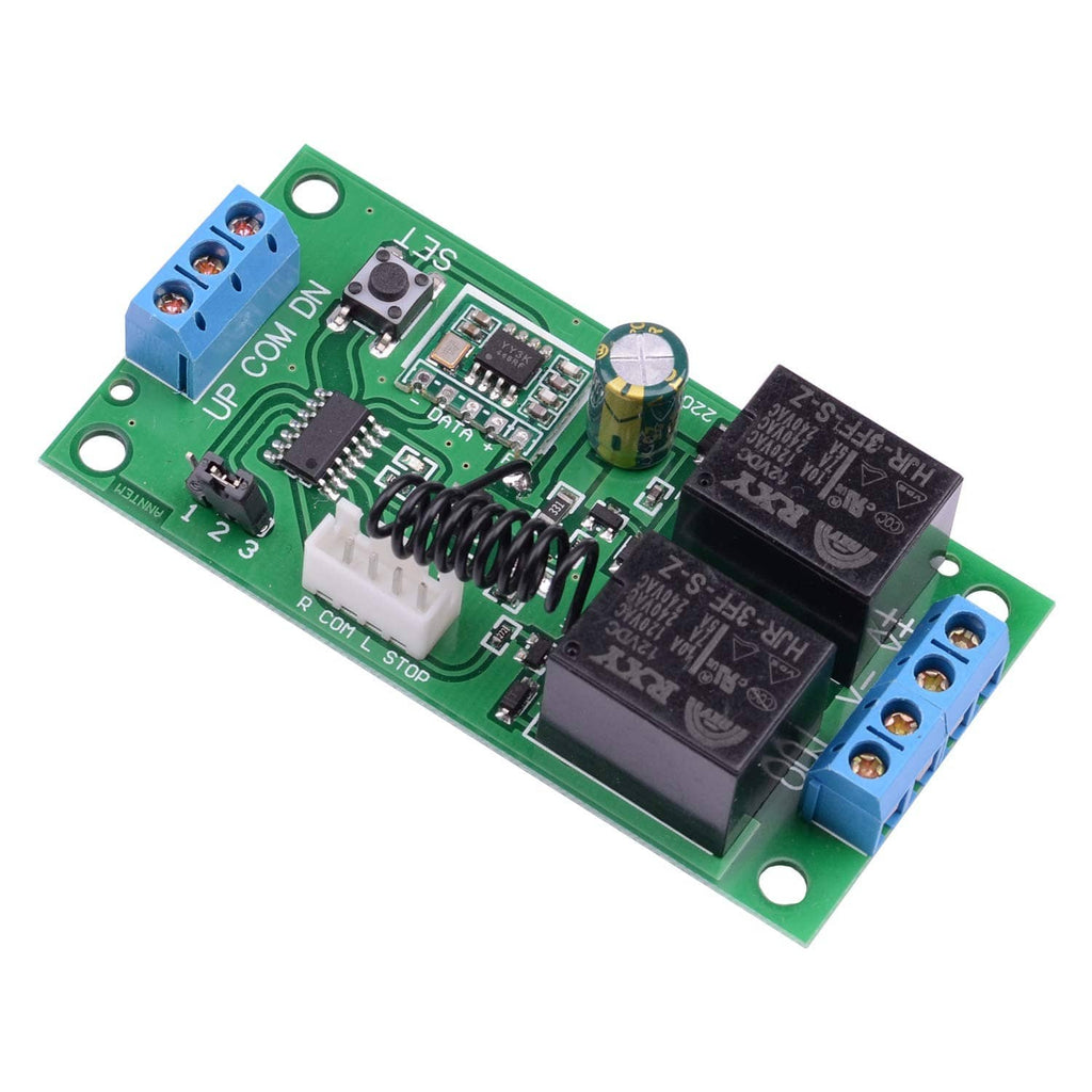 Green RF relay control PCB with antenna coil, two black relays, and blue terminal block
