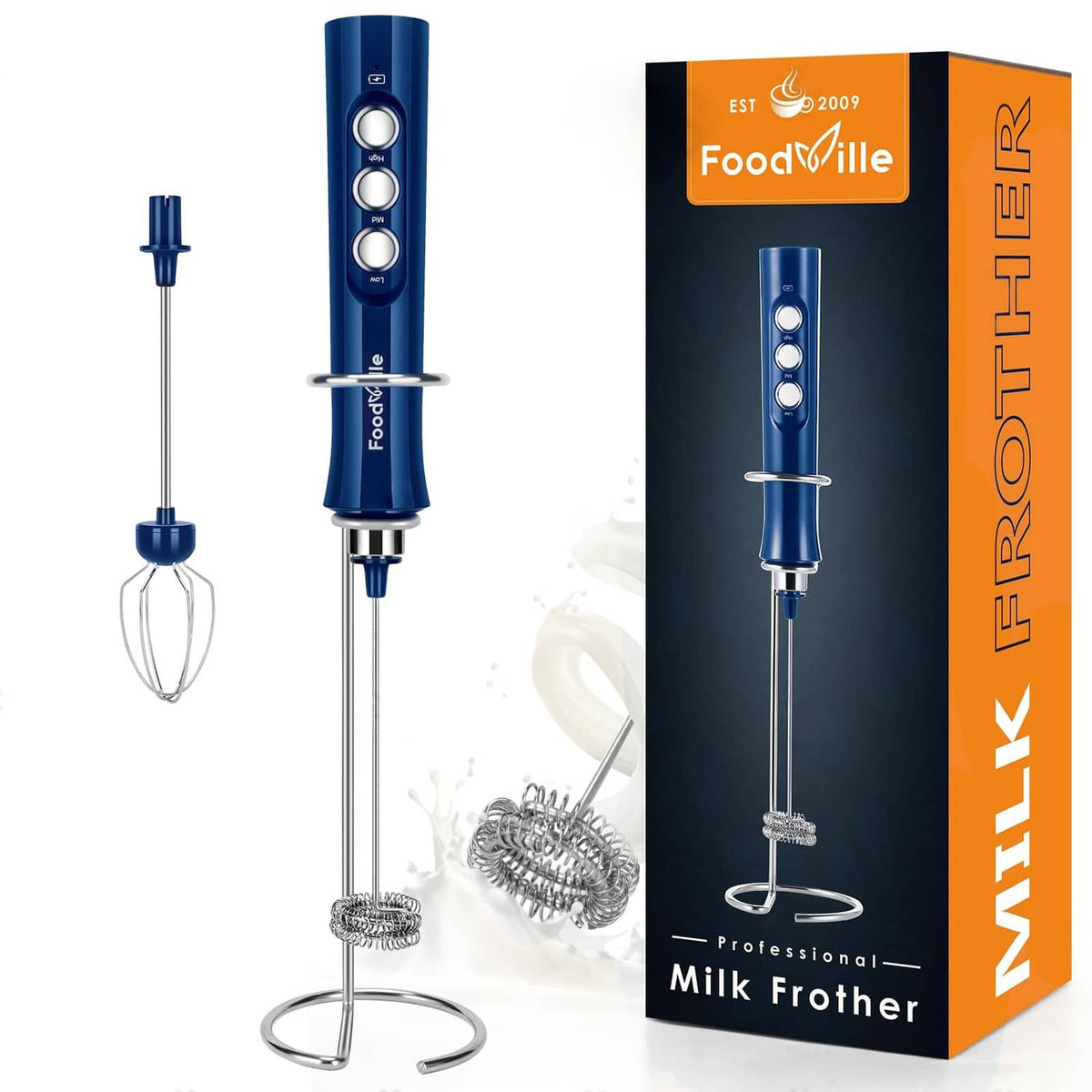 Blue rechargeable handheld milk frother with whisk attachment and metal stand base.