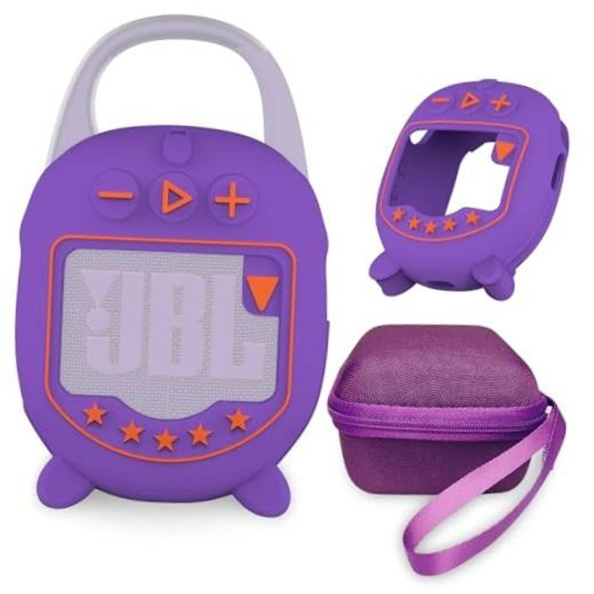 Purple hard EVA case with silicone speaker cover and matching wrist strap pouch