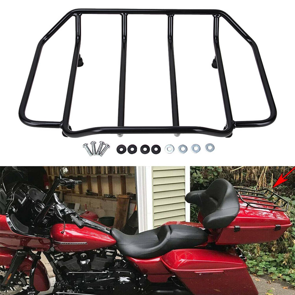 Black tubular luggage rack with vertical support bars and included hardware pieces.