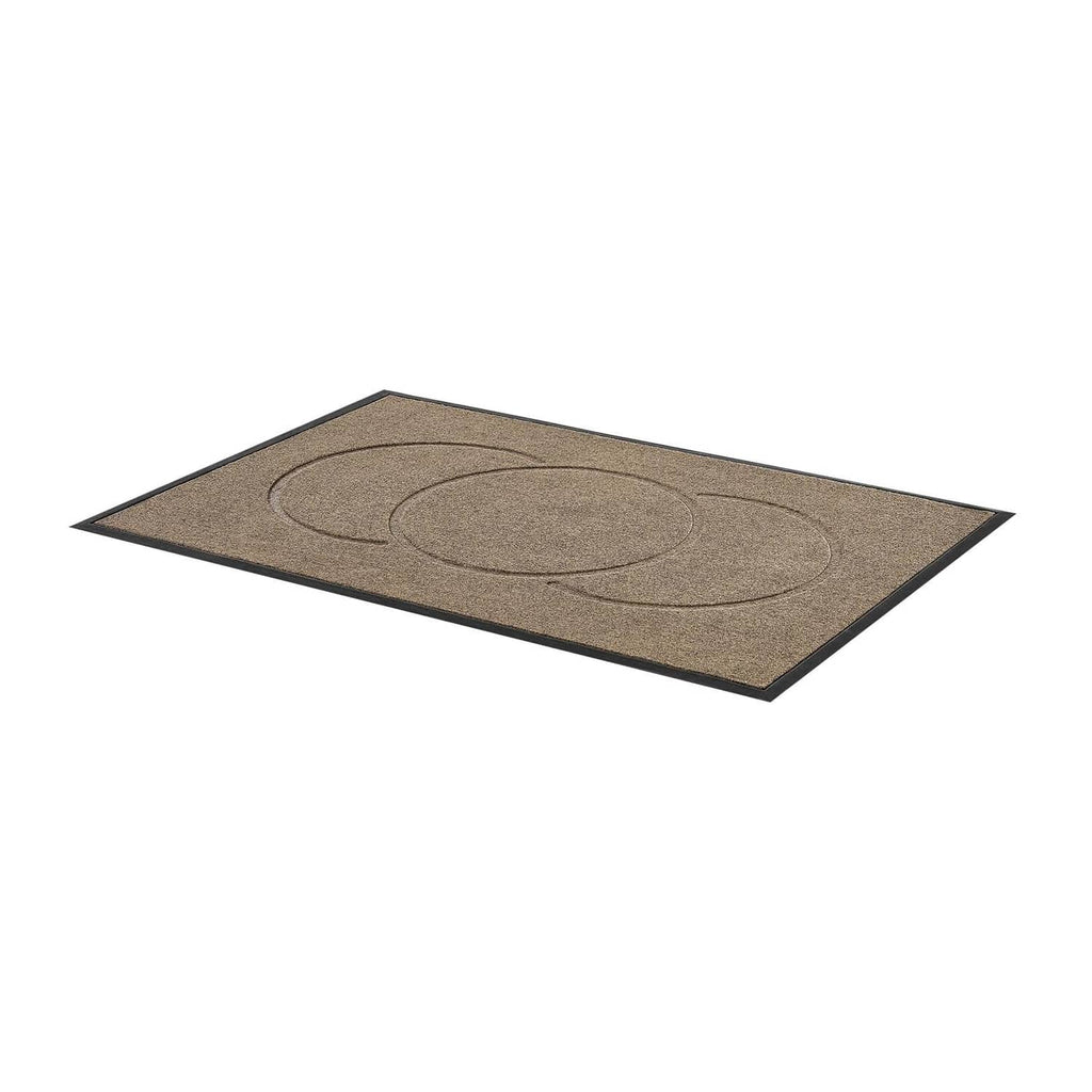 Front door mat with modern oval pattern, brown carpet rug, flat view