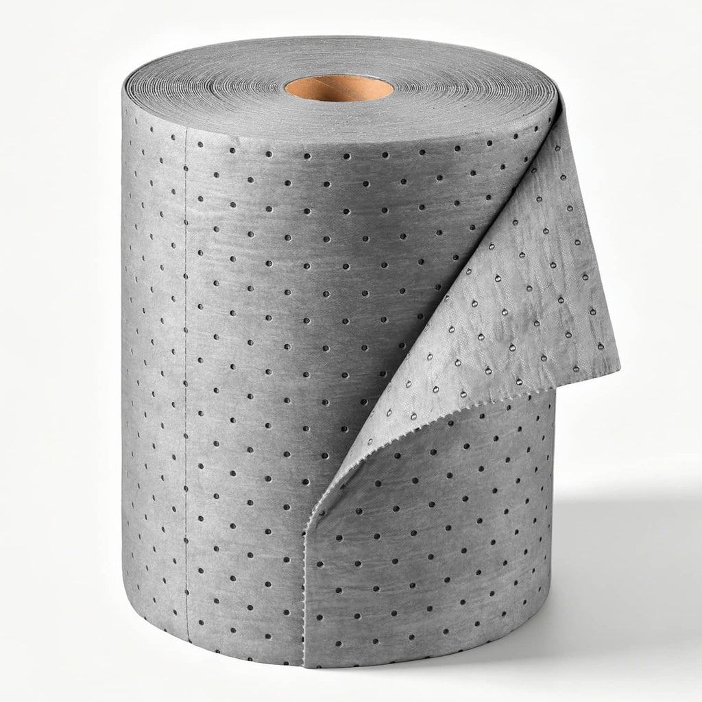 Oil absorbent roll, gray material with dotted pattern, angled wound roll on display core