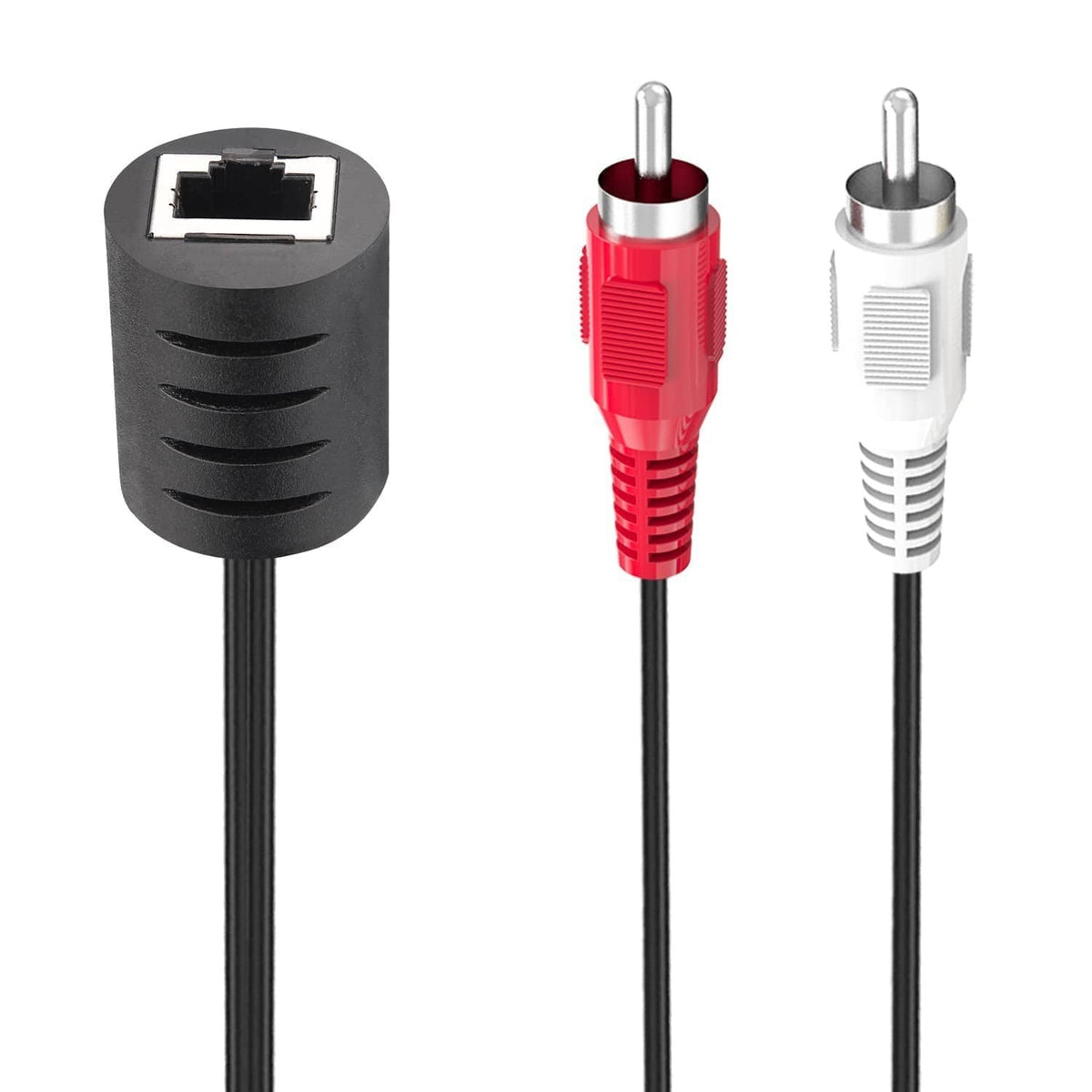 Stereo RCA plugs with RJ45 coupler ends for audio signal extension, red and white variants