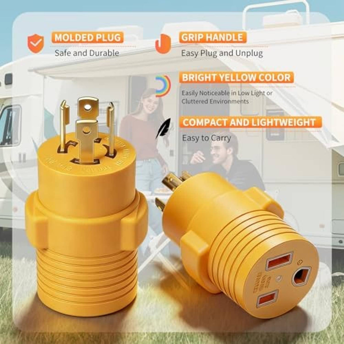 Yellow adapter plug pair with molded grip handle and exposed metal prongs