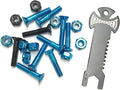 Blue Phillips bolts with black screws, hex nuts, and Independent folding tool