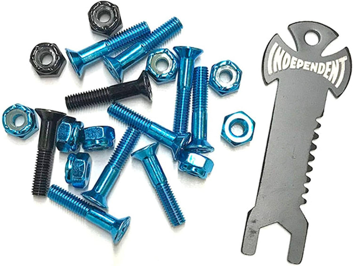Blue Phillips bolts with black screws, hex nuts, and Independent folding tool