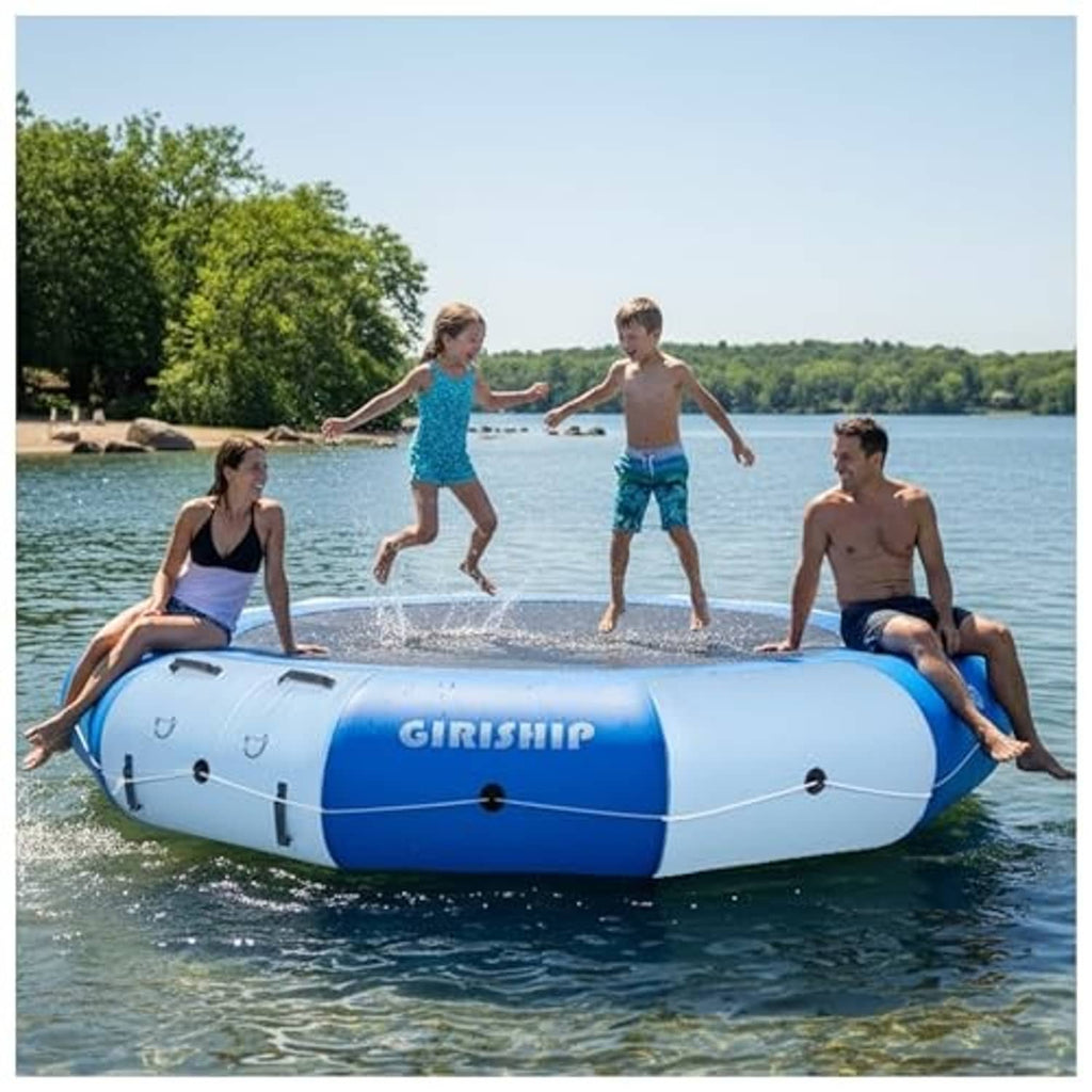 Blue and white inflatable water trampoline raft floating with black jump surface
