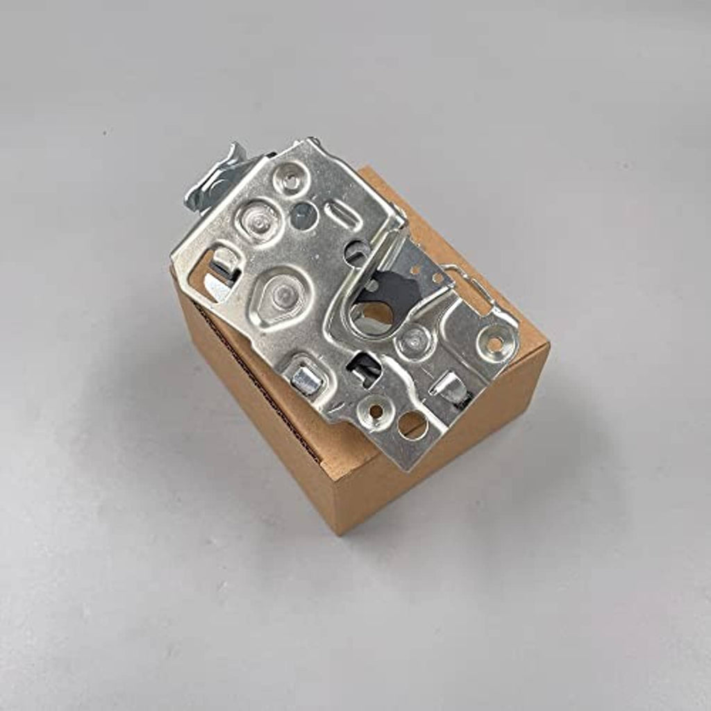 Front door latch lock mechanism, silver metal lock plate with brackets on box