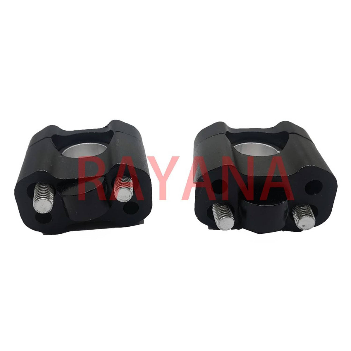 Black handlebar riser mount clamps with central ring and three mounting points