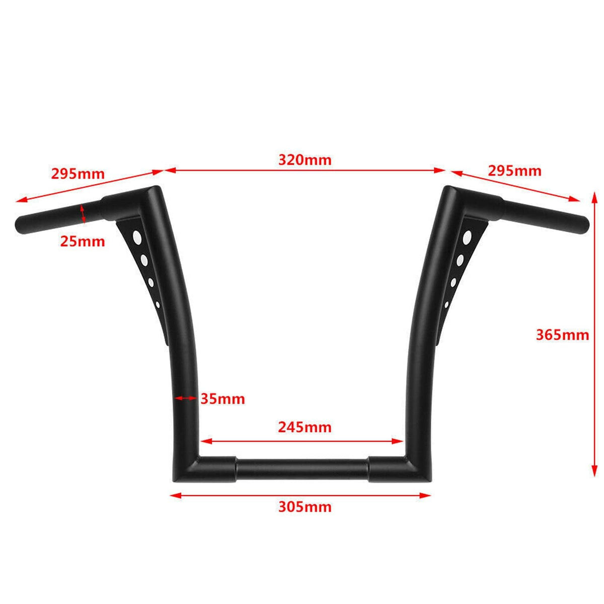 Black handlebar riser dimensions diagram with measurement arrows and rise profile