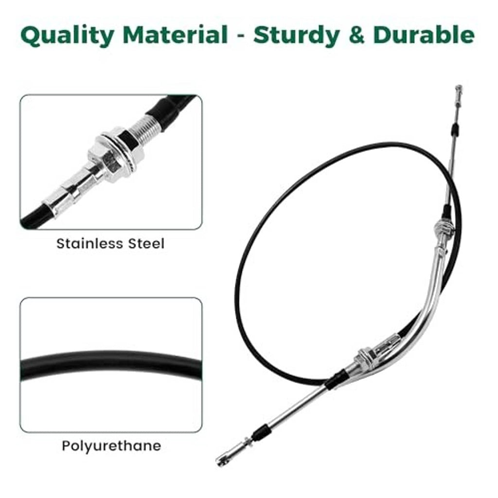 Transmission shift cable with stainless steel fittings and polyurethane black protective sheath.