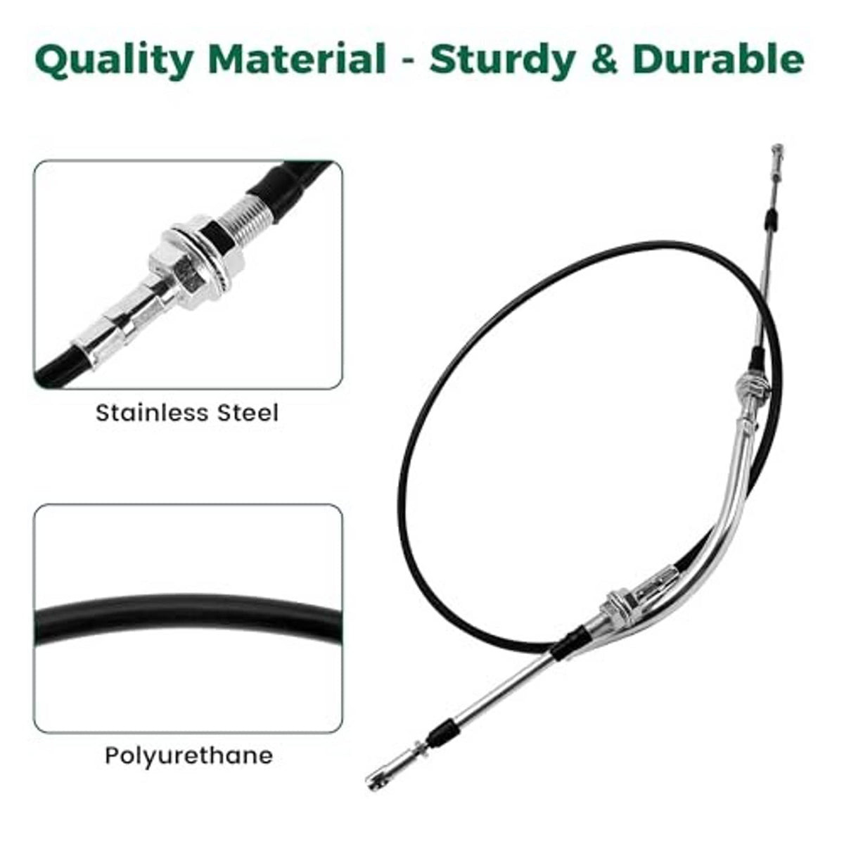 Transmission shift cable with stainless steel fittings and polyurethane black protective sheath.