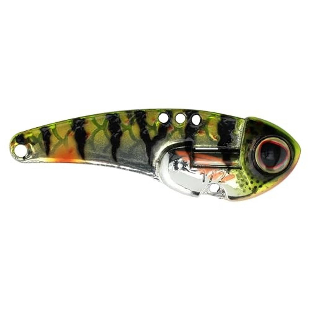 Perch-colored blade bait lure with chrome body and black treble hooks
