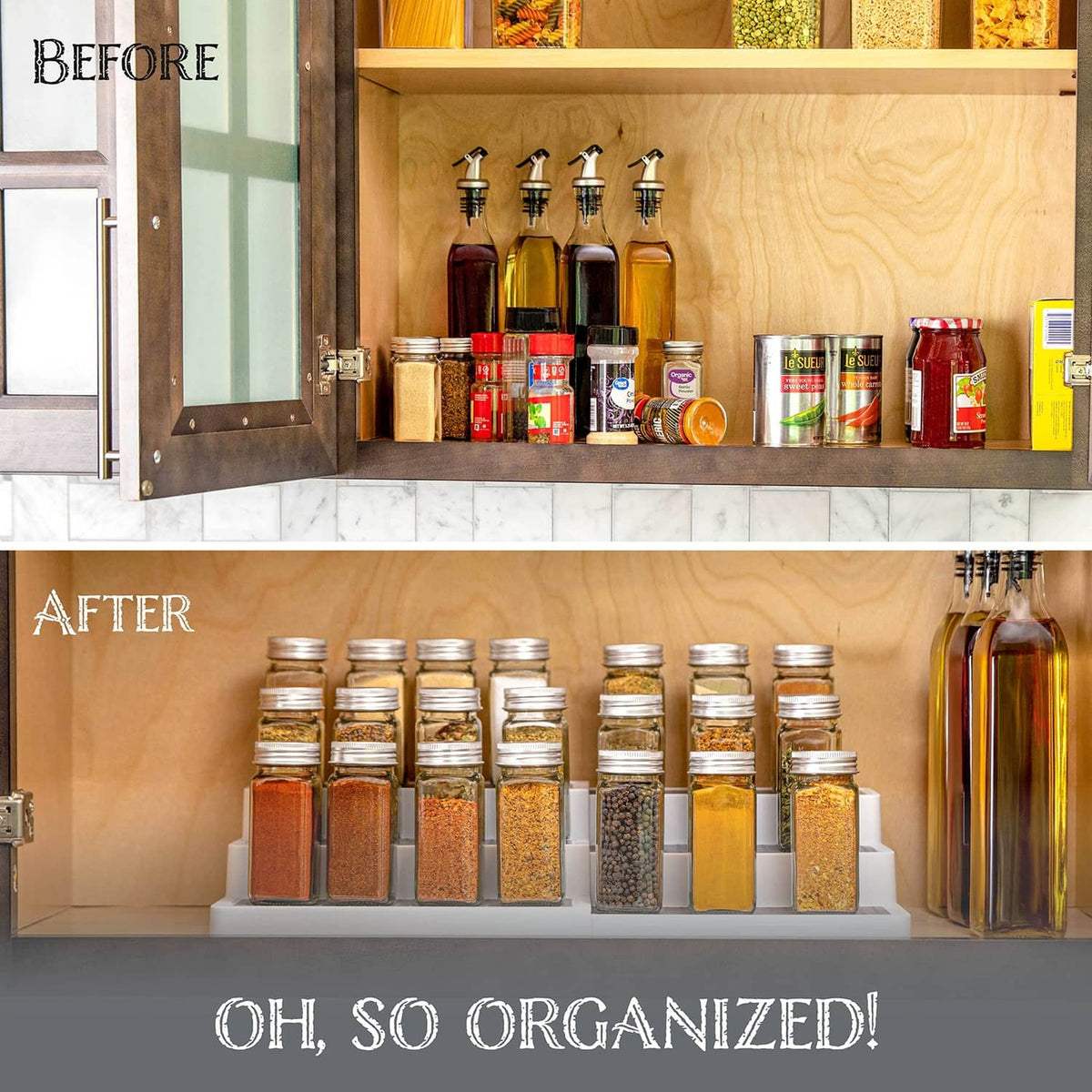 White 3-tier spice rack with gray trays filled with spices and pantry jars.