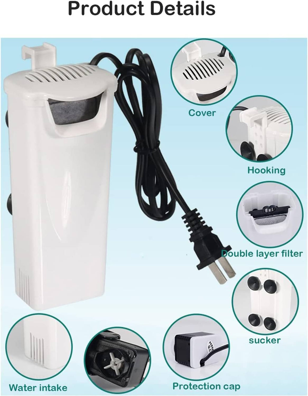 White aquarium filter canister with black power cable and hanging parts for tank mounting