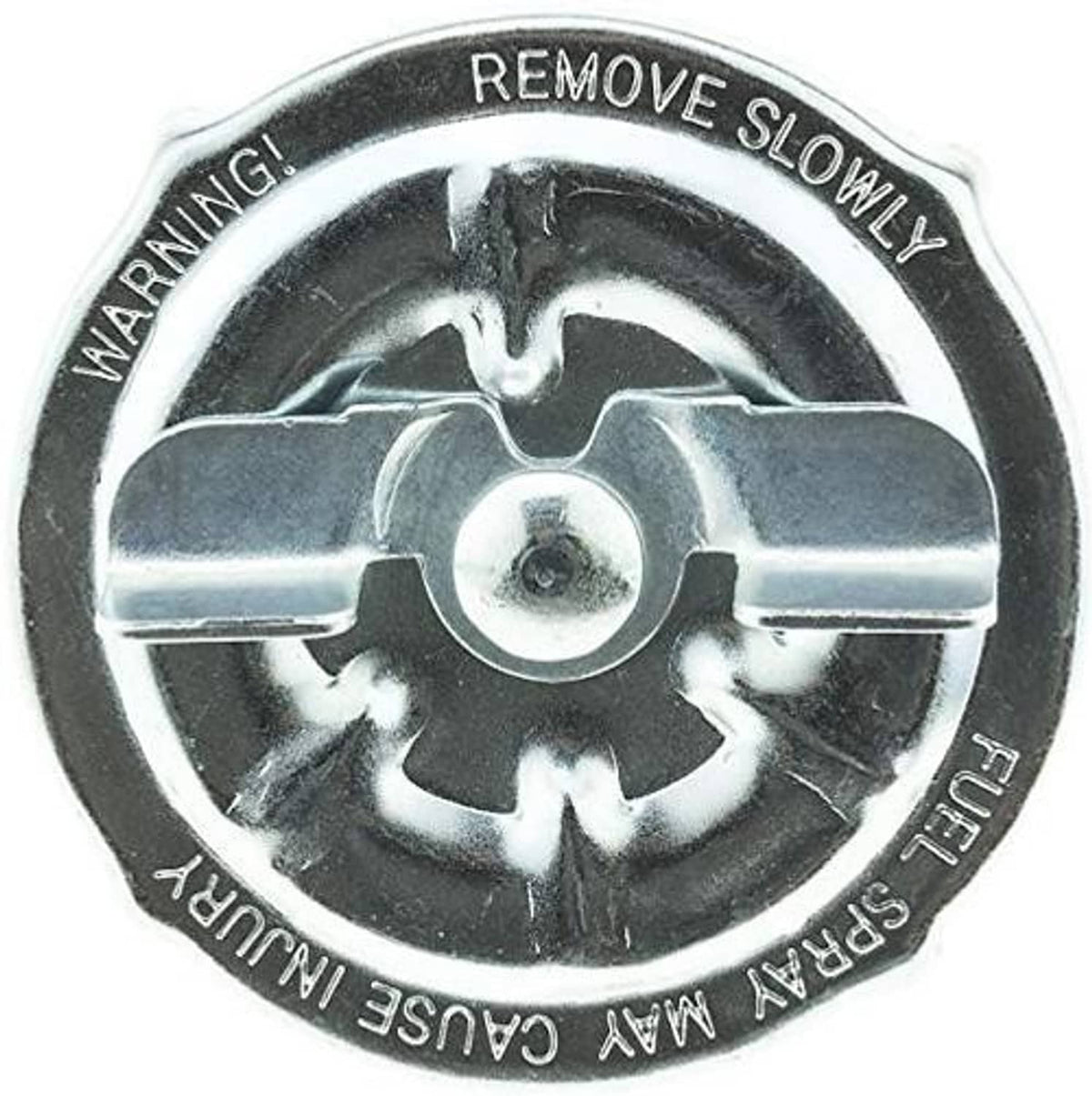 Fuel tank cap underside with “REMOVE SLOWLY” warning text and warning/vent slots